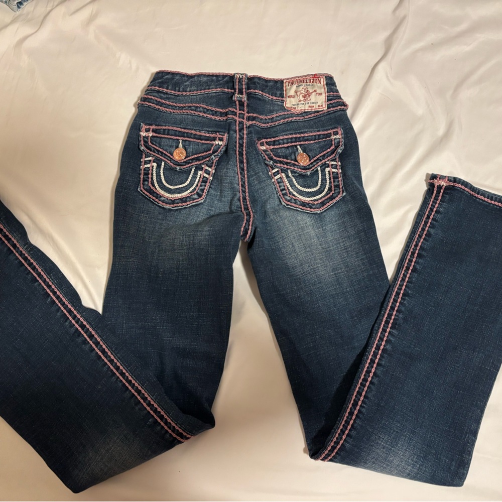 True Religion Dark Wash Bootcut Flared Jeans with Pink